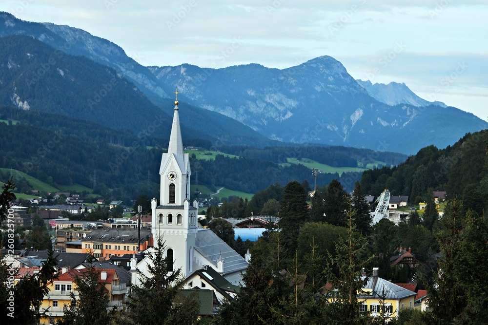 Austrian Alps-view of the church in town Schladming