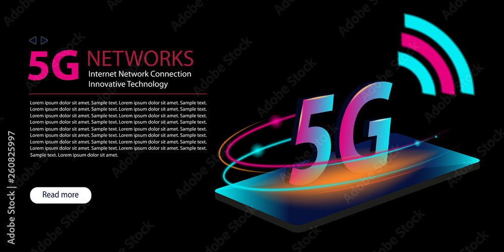 5G network new wireless internet wifi connection. Technology neon glowing abstract background. Innovative generation of the global high speed Internet broadband. Vector