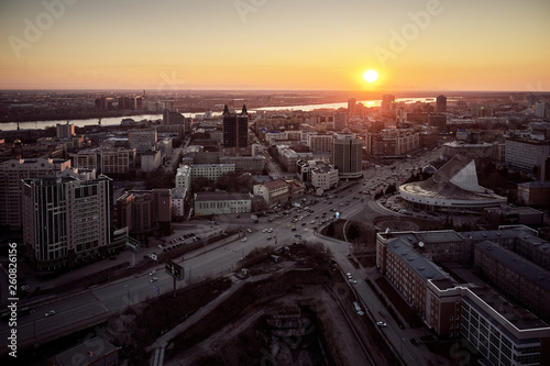 aerial shot of the Siberian capital Novosibirsk city at sunset