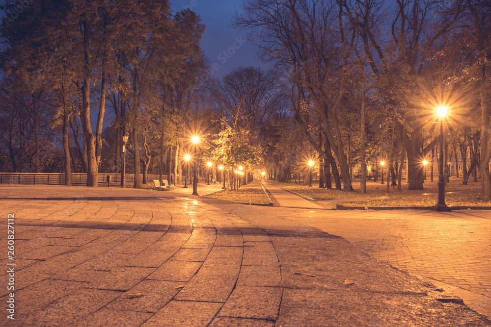 Night city park. Wooden benches, street lights and park alley Night city park. Wooden benches, street lights and park alley
