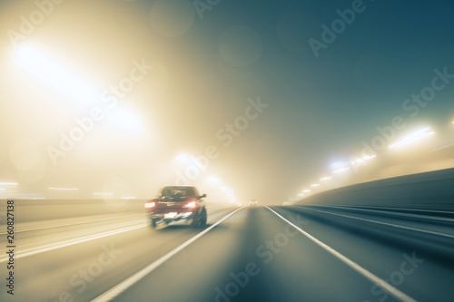 Fast night driving on highway  view from inside of a car
