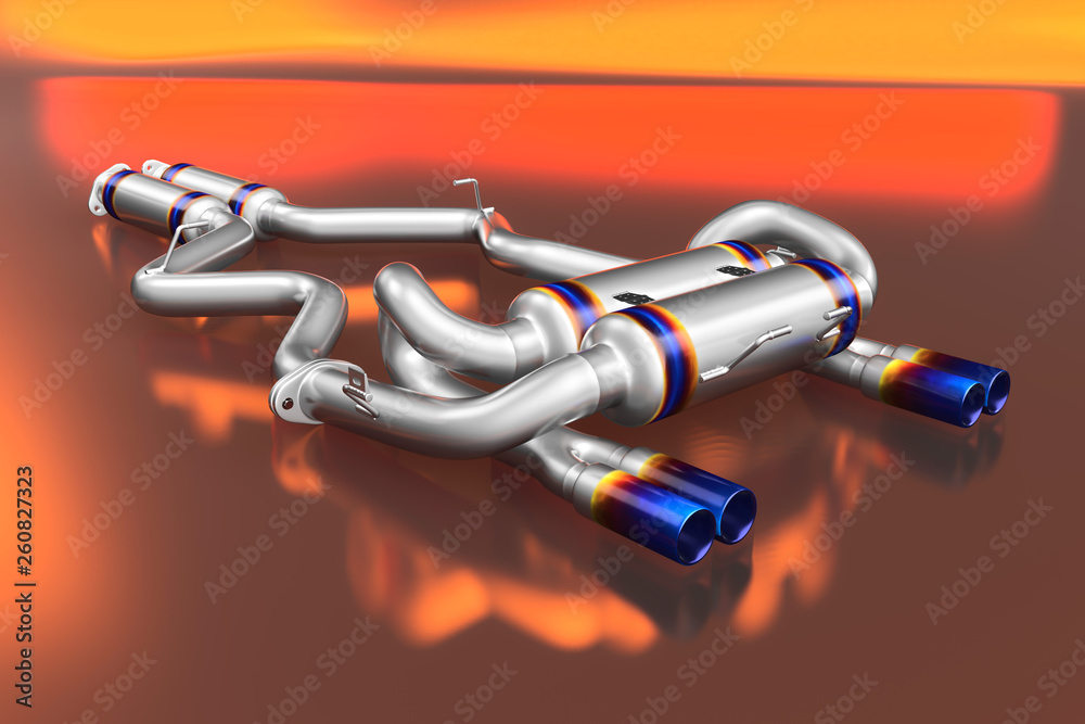 Tuning exhaust system for a sports car. Car muffler, exhaust silencer on a multicolor background Tuning exhaust system for a sports car. Car muffler, exhaust silencer on a multicolor background