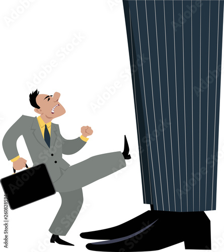 Small businessman trying to attract attention of a giant businessman, a boss, management or big organization, by kicking him, EPS 8 vector illustration