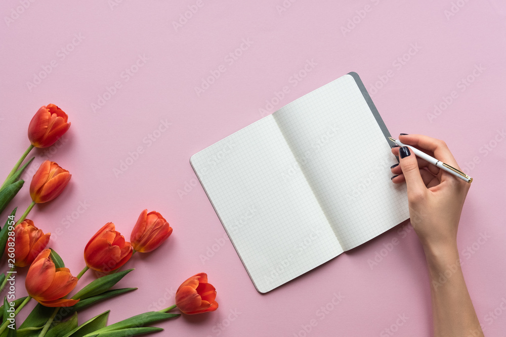Obraz premium Female hand writing on a notebook. Pink background with tulips. Copy space