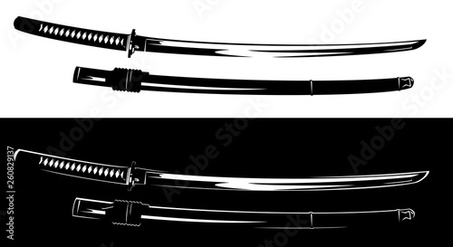 Canvas Print traditional japanese katana blade - samurai sword black and white vector design