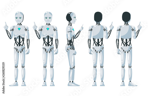 Vector illustration of a  robotic man pointing with hand and finger to the side. Cartoon realistic humanoid robot. Flat robot. Front, side and back views. RPA Robotic progress automation concept.