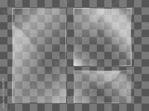 Set of glass plates. Vector glass banners on transparent background. Transparent elements. Plastic banners with reflection and shadow. 