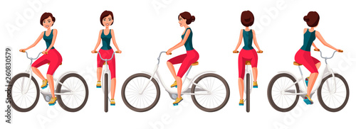 Vector illustration of young woman in casual clothes riding bicycle .Cartoon realistic people illustration.Flat young woman.Front, side and back views. Isometric views. Sportive woman. Training, bike.