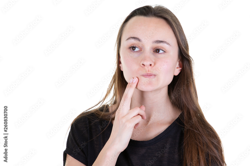 portrait of young woman thinking looks copy space on left portrait of young woman thinking looks copy space on left