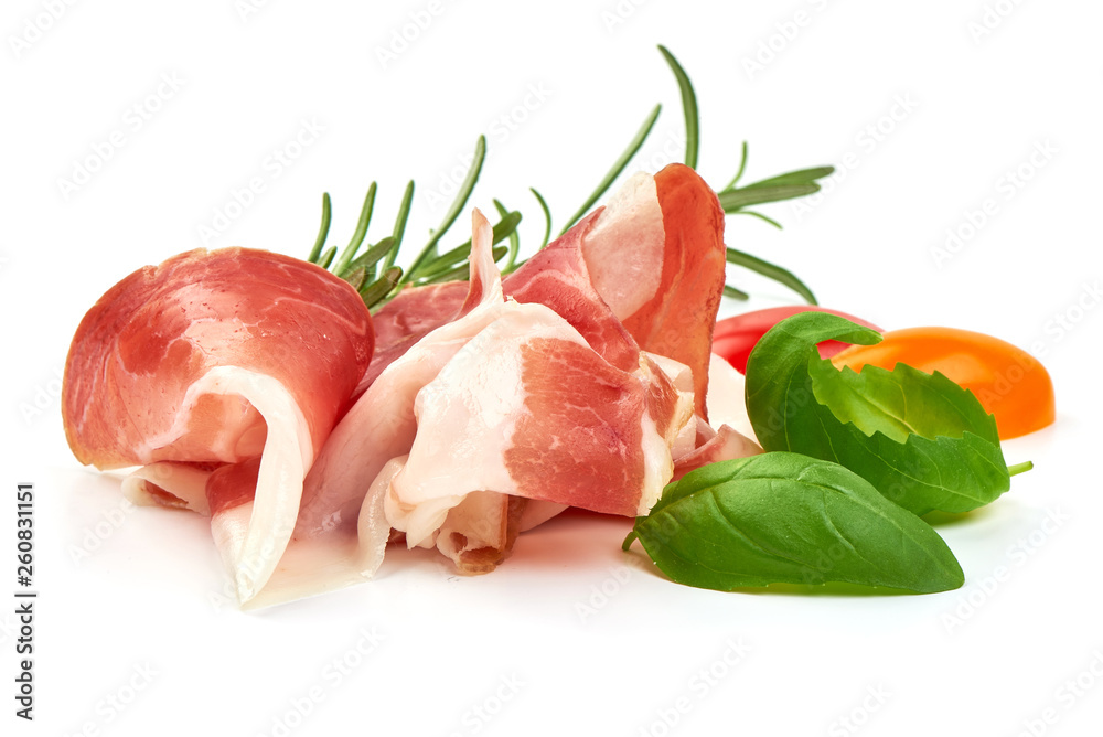 Italian prosciutto crudo or spanish jamon. Raw ham, close-up, isolated on white background Italian prosciutto crudo or spanish jamon. Raw ham, close-up, isolated on white background