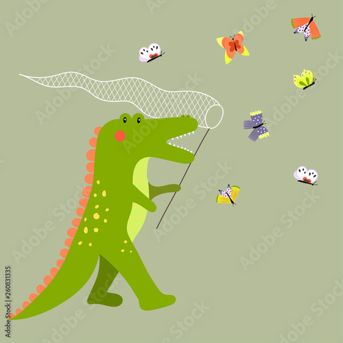 Cute dino. Cartoon  crocodile catching butterflies. Vector illustration in scandinavian style. Can be used print print for t-shirts  home decor  posters  cards.
