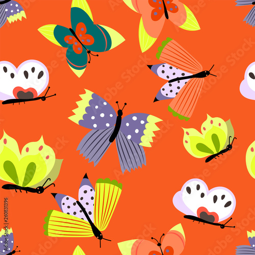 Seamless pattern with colorful butterflies. Summer repeat background for fabrics or wallpapers. Butterfly design.Scandinavian style.