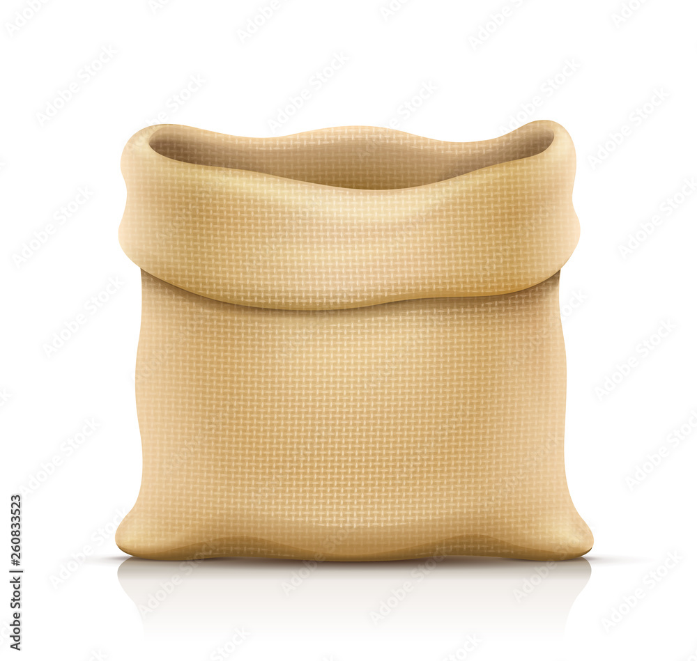 Burlap sack for products. Housekeeping and agriculture equipment. Open hessian bag for cargo. Isolated white background. Eps10 vector illustration.
