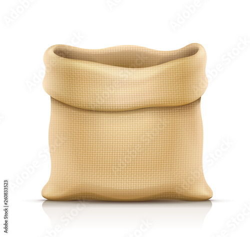 Burlap sack for products. Housekeeping and agriculture equipment. Open hessian bag for cargo. Isolated white background. Eps10 vector illustration. photo