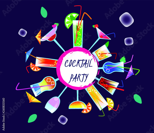 Summer cocktail party vector poster, banner, template for web site. Background illustration with colorful cocktails with juice and alcohol, mint, ice.