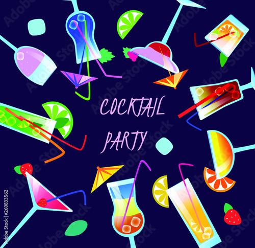 Bright summer cocktail party vector poster, banner, template for web site. Background illustration with colorful cocktails with juice and alcohol, mint, ice.