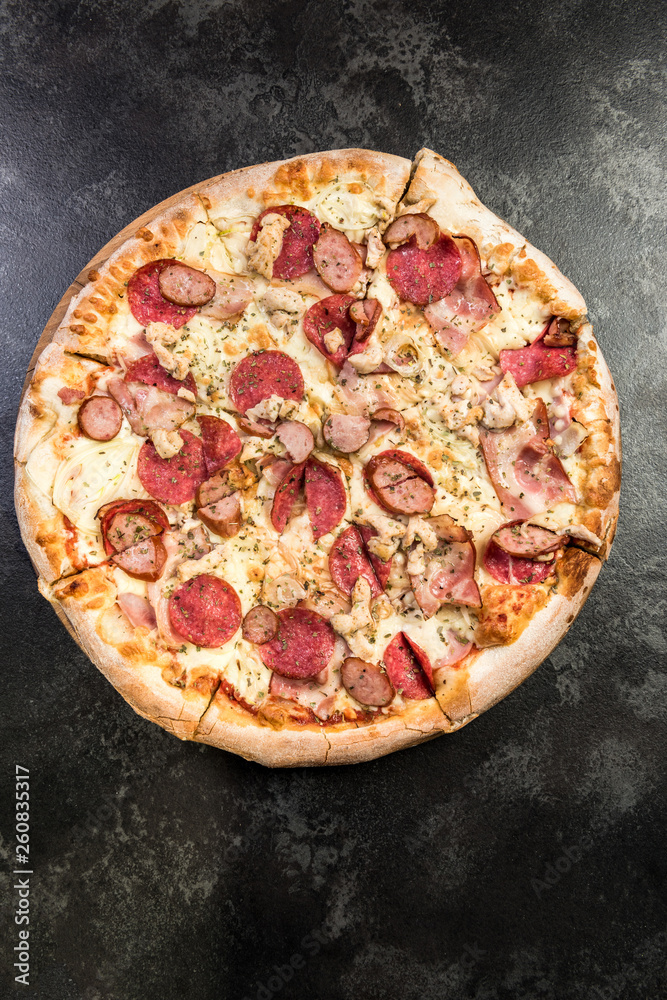 Meat lovers pizza, copy space background