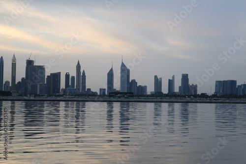 Dubai Skyline under Cloudy Sky  Dubai Downtown Residential and Business Skyscrapers  a view from Dubai Water Canal  Dubai  United Arab Emirates