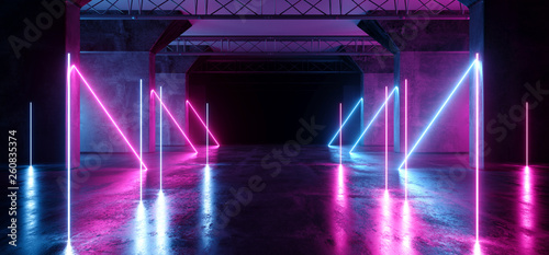 Virtual Path Sci Fi Neon Glowing Fluorescent Laser Alienship Stage Dance Lights Ultraviolet Purple Blue Pink In Dark Empty Grunge Concrete Neon Reflective Tunnel Hall Corridor 3D Rendering