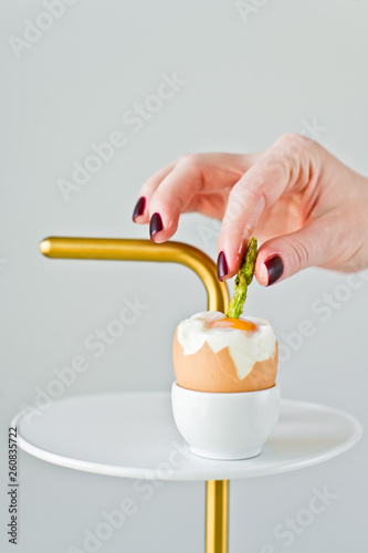 Cooking concept, mini asparagus and boiled egg.