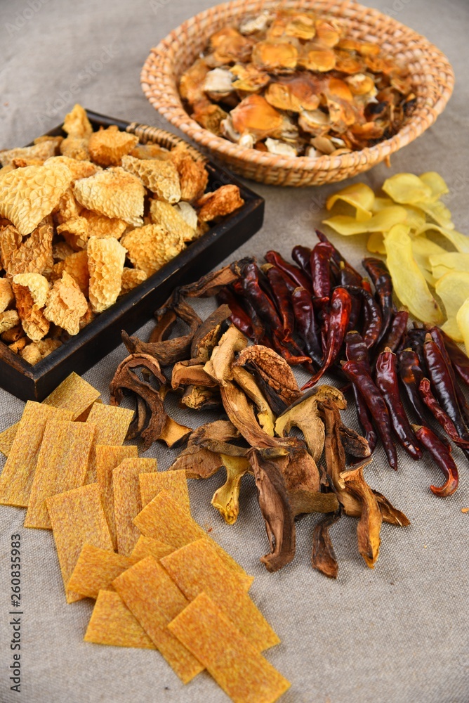 Fototapeta premium spices and herbs on wooden table