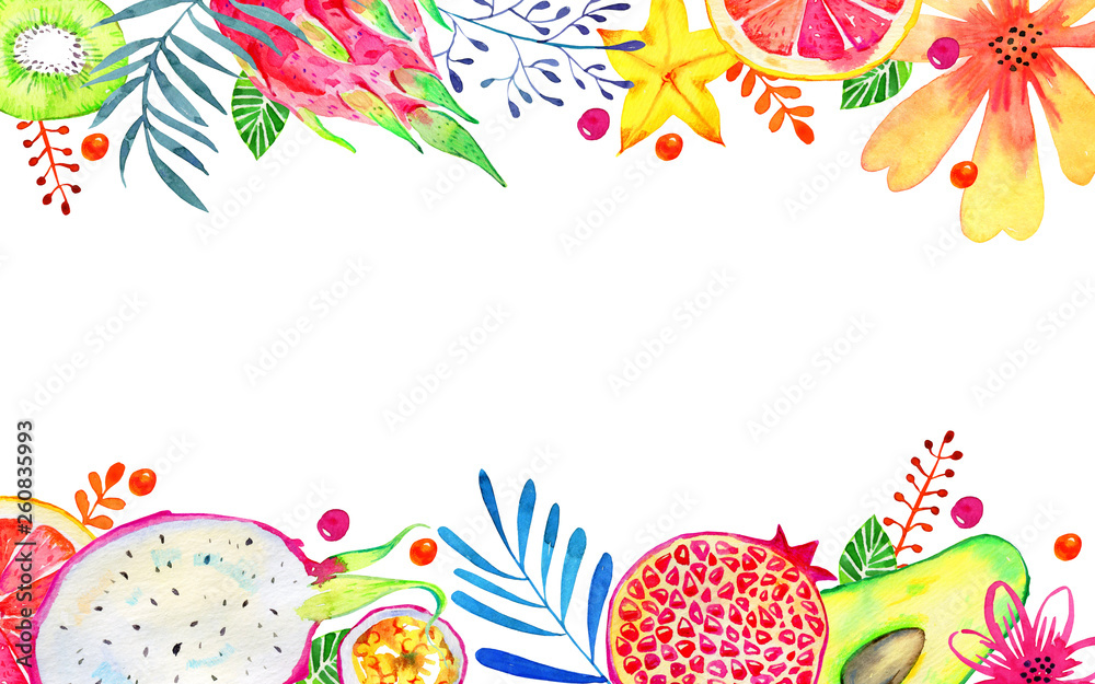 Rectangular frame with exotic fruits and decorative flowers on top and bottom. Citrus, avocado, pitahaya, carambola, annona, pomegranate. Hand drawn watercolor illustration