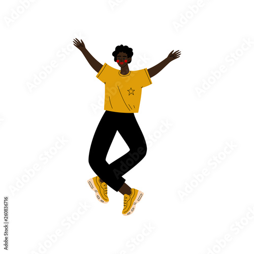 Young African American Man Happily Jumping Celebrating Important Event, Dance Party, Friendship, Sport Concept Vector Illustration