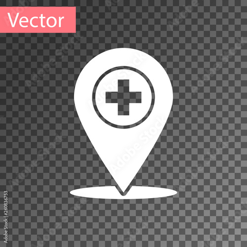 White Medical map pointer with cross hospital icon isolated on transparent background. Vector Illustration