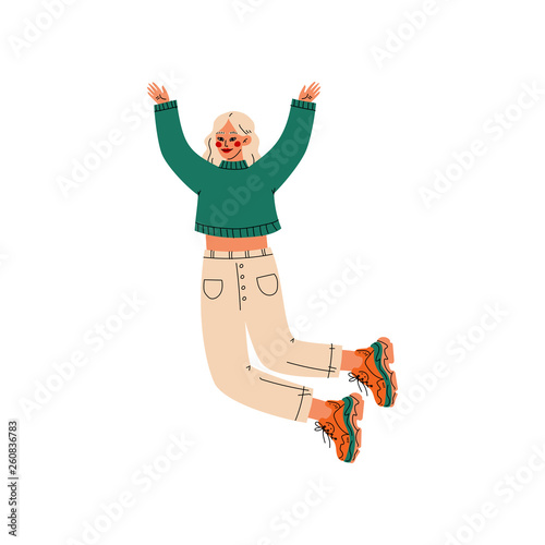 Blonde Girl Happily Jumping Celebrating Important Event, Dance Party, Friendship, Sport Concept Vector Illustration