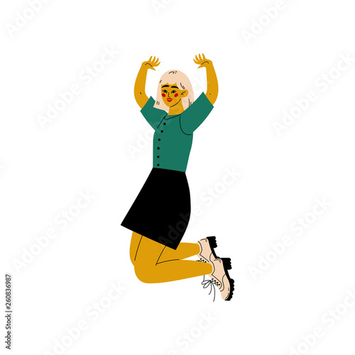 Girl Happily Jumping Celebrating Important Event, Dance Party, Friendship, Sport Concept Vector Illustration