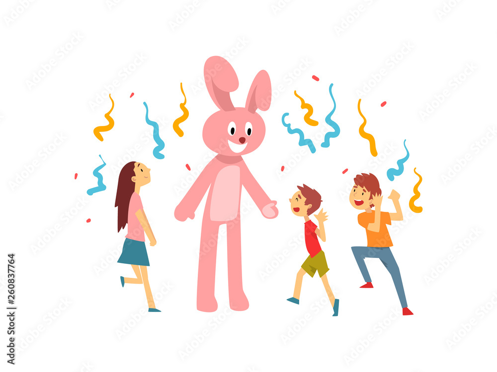 Cute Boys and Girl Celebrating Kids Party, Happy Children Having Fun with Animator in Rabbit Costume at Birthday or Carnival Party Vector Illustration