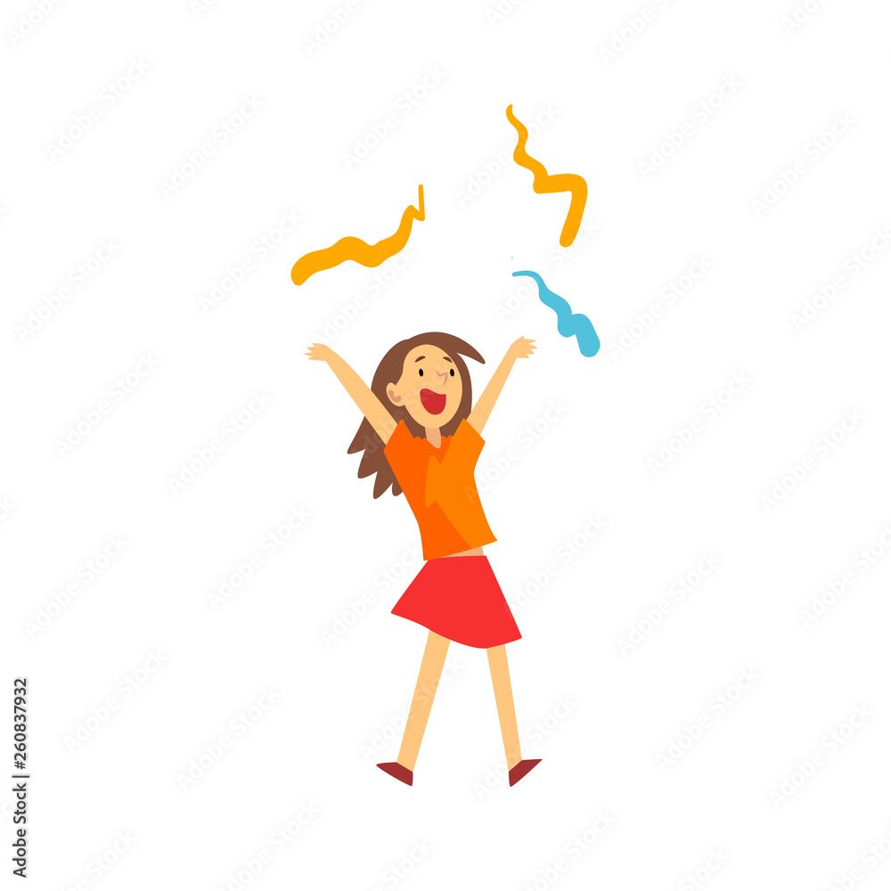 Cute Girl at Kids Party, Happy Child Having Fun at Birthday, Carnival Party or Circus Performance Vector Illustration