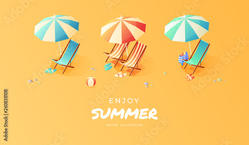 Summer. Vacation and travel concept. Umbrella, beach chair and a ball on the beach. Flat style vector illustration