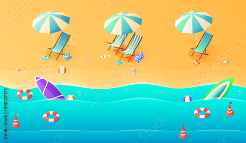 Summer. Vacation and travel concept. Umbrella, beach chair and a ball on the beach. Flat style vector illustration