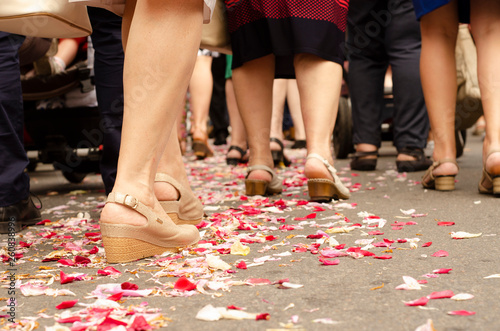  many petals of flowers on the road on which people go