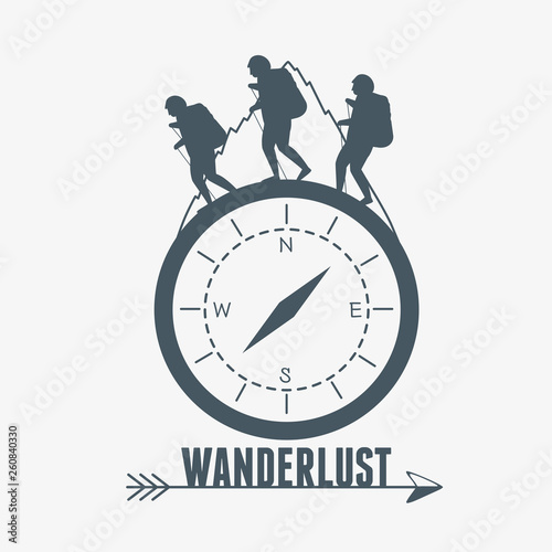 wanderlust label with campass and walkers