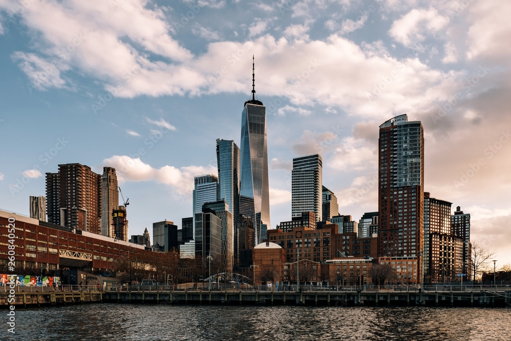 One World Trade center and skyscapers view from Pier 26 Tribeca at sunset One World Trade center and skyscapers view from Pier 26 Tribeca at sunset