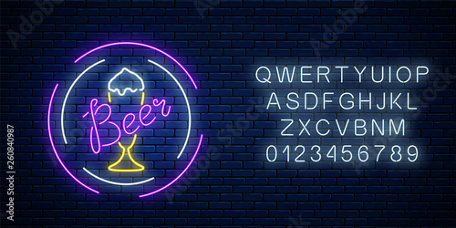 Glowing neon beer bar signboard in circle frames with alphabet. Luminous advertising sign of pub with glass of beer