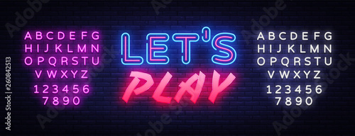 Lets Play neon text vector design template. Gaming neon logo, light banner design element colorful modern design trend, night bright advertising, bright sign. Vector. Editing text neon sign