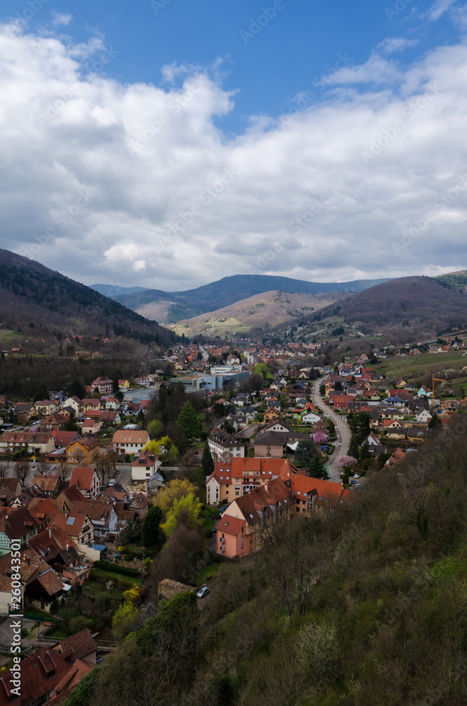 Top view of the old town, located in a valley between the mountains. France. Alsace. Vosges. City Kaysersberg. Landscape.