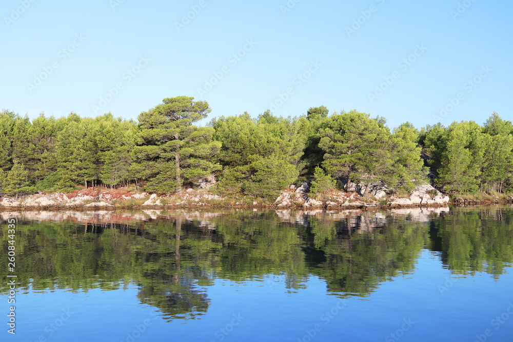 Pine forest on the rocky shore of the lake. A paradise for relaxation from the bustle of civilization. Living air for health regeneration. The typical nature of the Mediterranean region. A quiet place