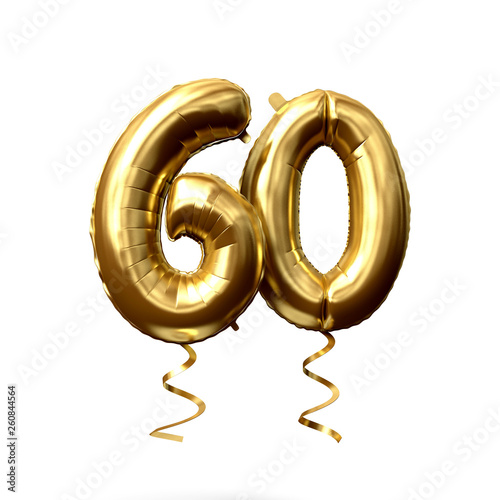 Number 60 gold foil helium balloon isolated on a white background. 3D Render photo