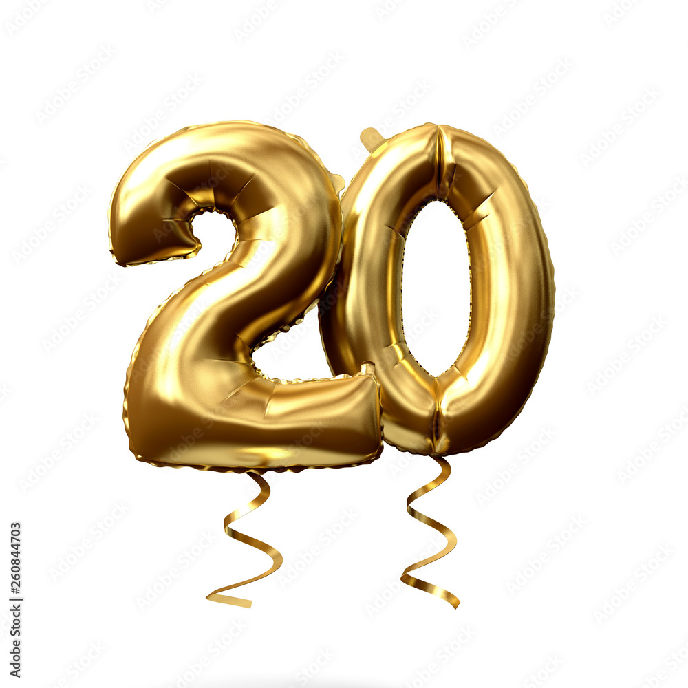 Number 20 gold foil helium balloon isolated on a white background. 3D  Render Stock-Illustration | Adobe Stock