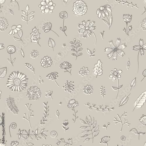 Tender beige floral seamless pattern with light overlapping flowers and leaves. Lovely floral texture with blossoms and herbs for textile, wrapping paper, surface, wallpaper