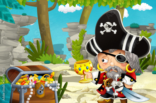 cartoon scene with pirate and treasure in the jungle - illustration for children © honeyflavour