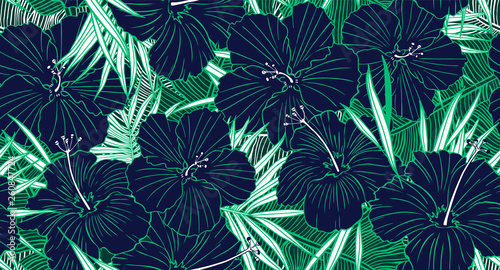Tropical seamless pattern. Hand drawn texture with palm tree leaf  banana leaves and hibiscus flower. Exotic floral background.