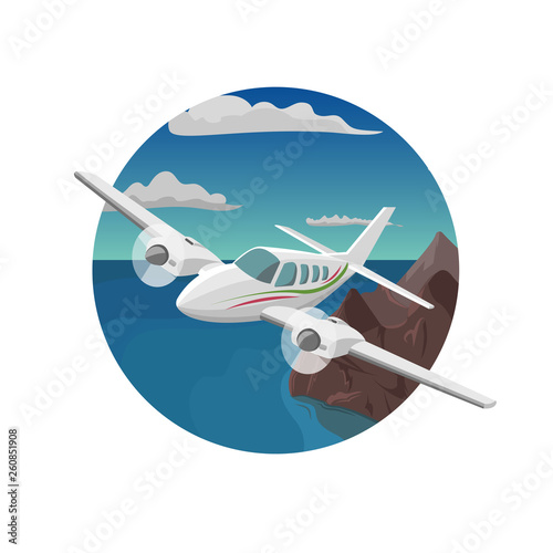 Mountains aerial view vector illustration. Mountain landscape with small plane