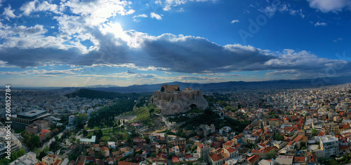 Aerial drone bird's eye view photo of iconic Acropolis hill, the Parthenon and famous theatre of Dionysus, Athens historic centre, Attica, Greece © aerial-drone