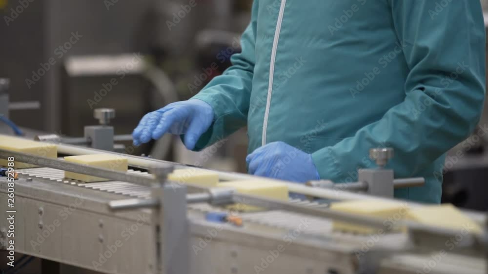 Conveyor line for cheese packaging process. Close up of cheese processing at food factory Conveyor line for cheese packaging process. Close up of cheese processing at food factory