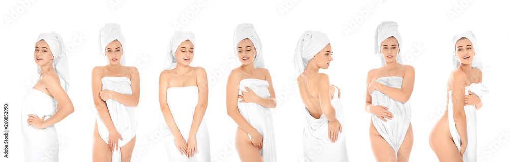 Set of beautiful young woman with towels on white background Set of beautiful young woman with towels on white background